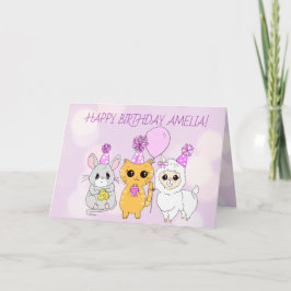 Whimsical Llama, Kitten und Maus Mädchen zum Gebur Karte