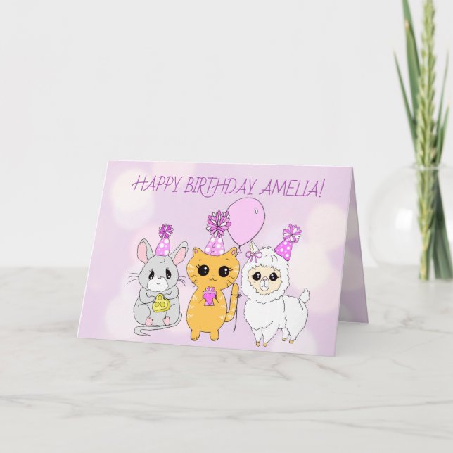 Whimsical Llama, Kitten und Maus Mädchen zum Gebur Karte (Vorderseite)