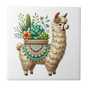 Whimsical Llama und Pflanze Fliese