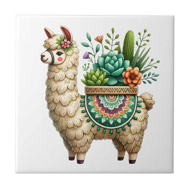 Whimsical Llama und Pflanze Fliese (Vorderseite)