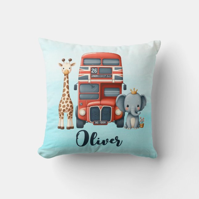 Whimsical London Bus mit Giraffe & Elephant Kissen (Vorderseite)