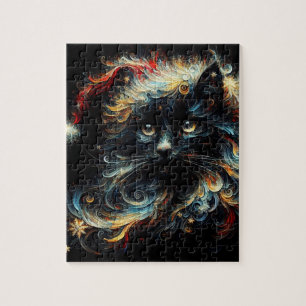 Whimsical Long Hair Black Cat Santa Christmas Hat Puzzle