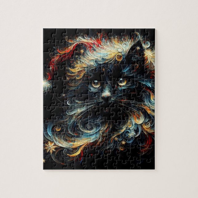Whimsical Long Hair Black Cat Santa Christmas Hat Puzzle (Vertikal)