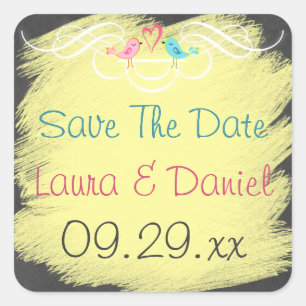 Whimsical Love Birds auf Chalkboard Wedding Sticke Quadratischer Aufkleber