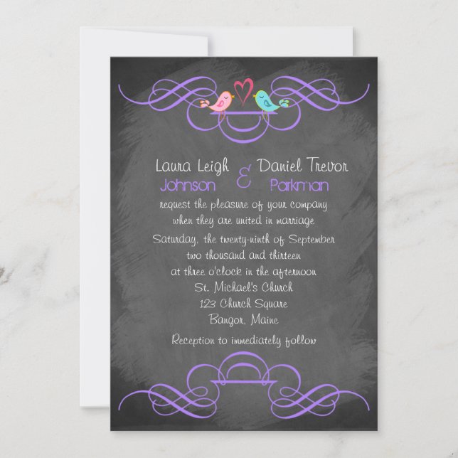 Whimsical Love Birds, Chalkboard Wedding - Lila Einladung (Vorderseite)