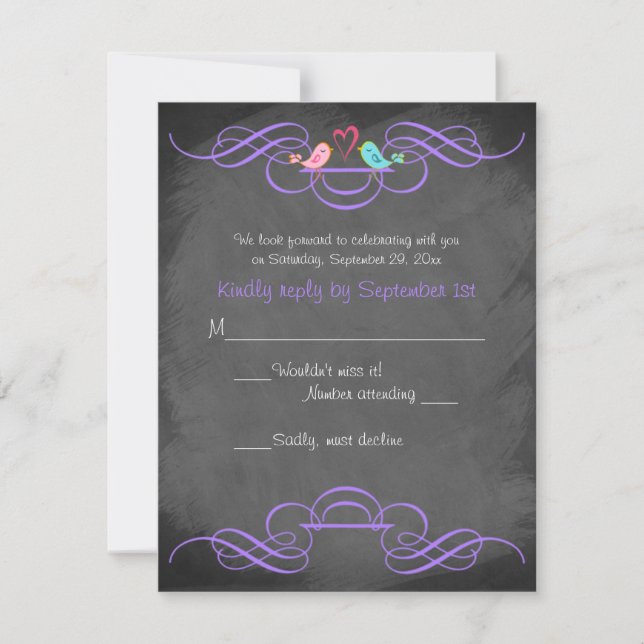 Whimsical Love Birds Chalkboard Wedding RSVP Card (Vorderseite)