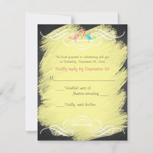 Whimsical Love Birds Chalkboard Wedding RSVP Card Karte (Vorderseite)
