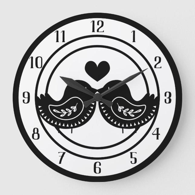 Whimsical Love Birds Große Wanduhr (Vorderseite)