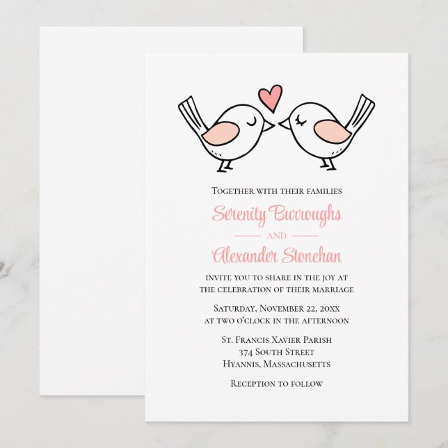 Whimsical Love Birds Pink White Lovebirds Hochzeit Einladung (Vorne/Hinten)