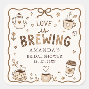 Whimsical Love is Brewing Kaffe Hochzeitsdusche Quadratischer Aufkleber
