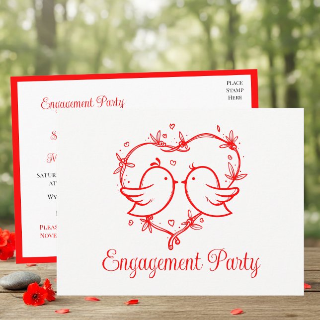 Whimsical Lovebirds Boho Red Heart Bridal Shower Einladungspostkarte (Von Creator hochgeladen)