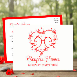 Whimsical Lovebirds Boho Red Heart Couples Shower Einladungspostkarte
