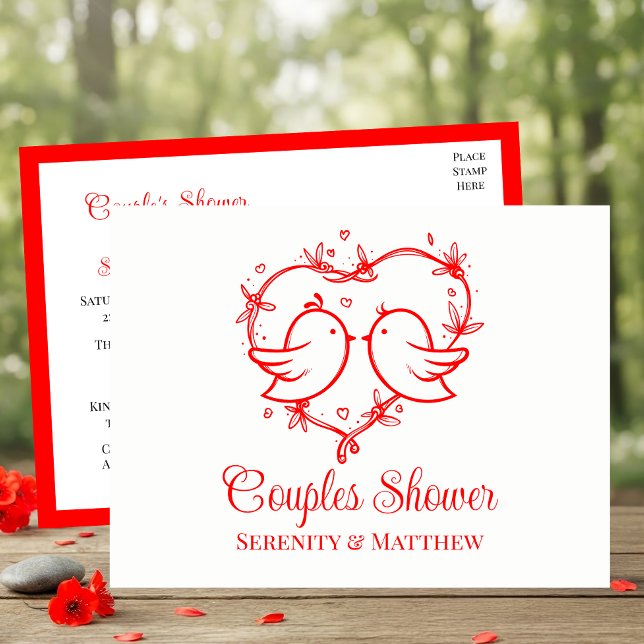 Whimsical Lovebirds Boho Red Heart Couples Shower Einladungspostkarte (Von Creator hochgeladen)