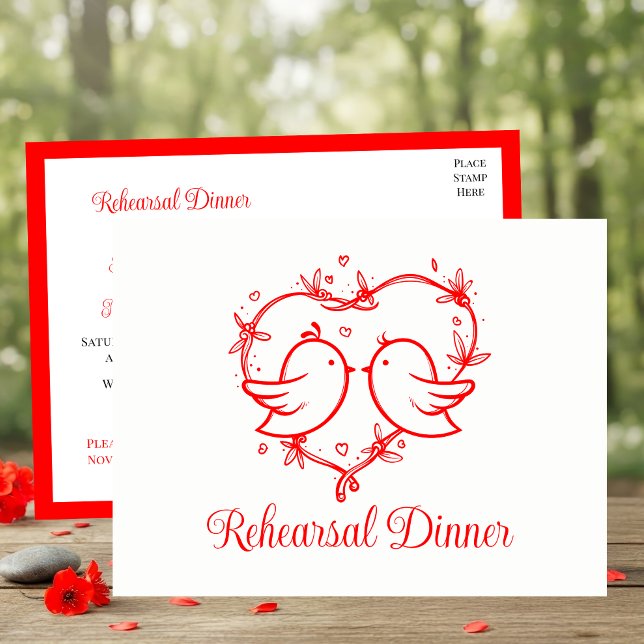 Whimsical Lovebirds Boho Red Love Heart Rehearsal  Einladungspostkarte (Von Creator hochgeladen)