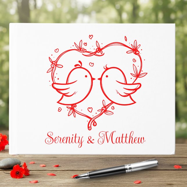 Whimsical Lovebirds Boho Red Love Heart Wedding Gästebuch (Von Creator hochgeladen)