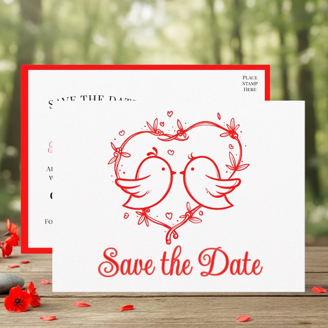 Whimsical Lovebirds Boho Red Wedding Save the Date Ankündigungspostkarte (Von Creator hochgeladen)