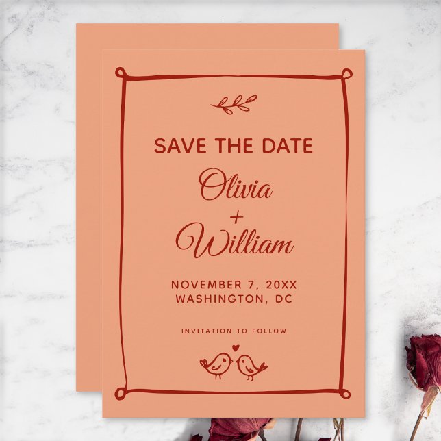 Whimsical Lovebirds, Orange und Red Wedding Save The Date (Von Creator hochgeladen)