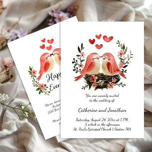 Whimsical Lovebirds Pink Hearts Hochzeit Einladung
