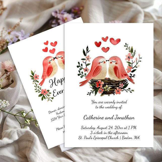Whimsical Lovebirds Pink Hearts Wedding | Einladung (Von Creator hochgeladen)