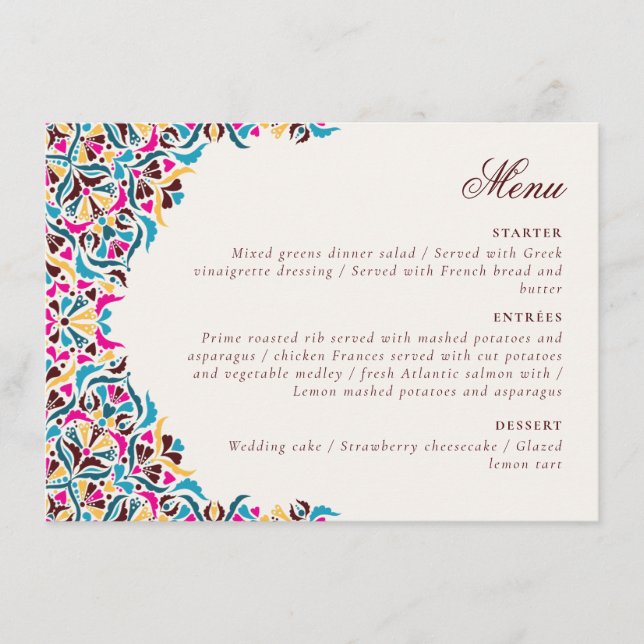 Whimsical Luxus Elfenbein Blumenstrauß Hochzeit Menükarte (Vorderseite)