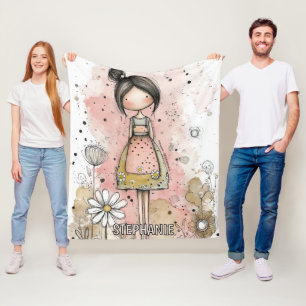 Whimsical Mädchen Wasserfarbe mit floralen Akzente Fleecedecke