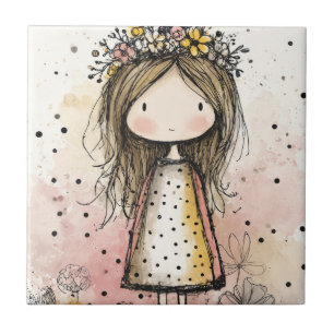 Whimsical Mädchen Wasserfarbe mit floralen Akzente Fliese