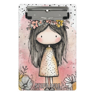 Whimsical Mädchen Wasserfarbe mit floralen Akzente Mini Klemmbrett