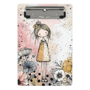 Whimsical Mädchen Wasserfarbe mit floralen Akzente Mini Klemmbrett