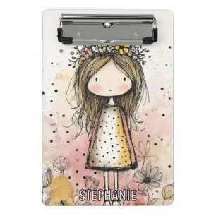 Whimsical Mädchen Wasserfarbe mit floralen Akzente Mini Klemmbrett