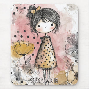Whimsical Mädchen Wasserfarbe mit floralen Akzente Mousepad
