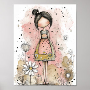 Whimsical Mädchen Wasserfarbe mit floralen Akzente Poster