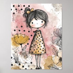 Whimsical Mädchen Wasserfarbe mit floralen Akzente Poster