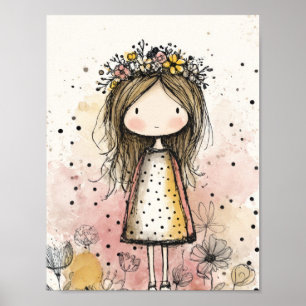 Whimsical Mädchen Wasserfarbe mit floralen Akzente Poster