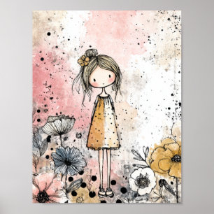 Whimsical Mädchen Wasserfarbe mit floralen Akzente Poster