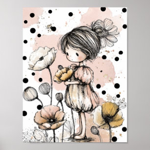 Whimsical Mädchen Wasserfarbe mit floralen Akzente Poster