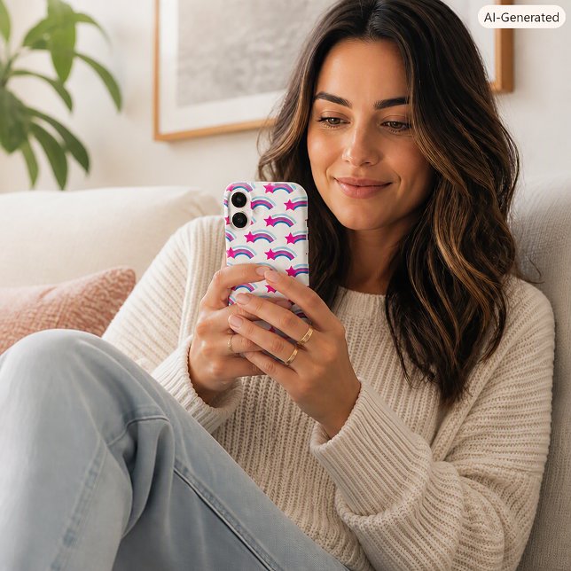 Whimsical Magenta Sternschnuppe Regenbogen Muster Case-Mate iPhone Hülle (A phone case with a star and rainbow pattern done in pink, blue and purple.)