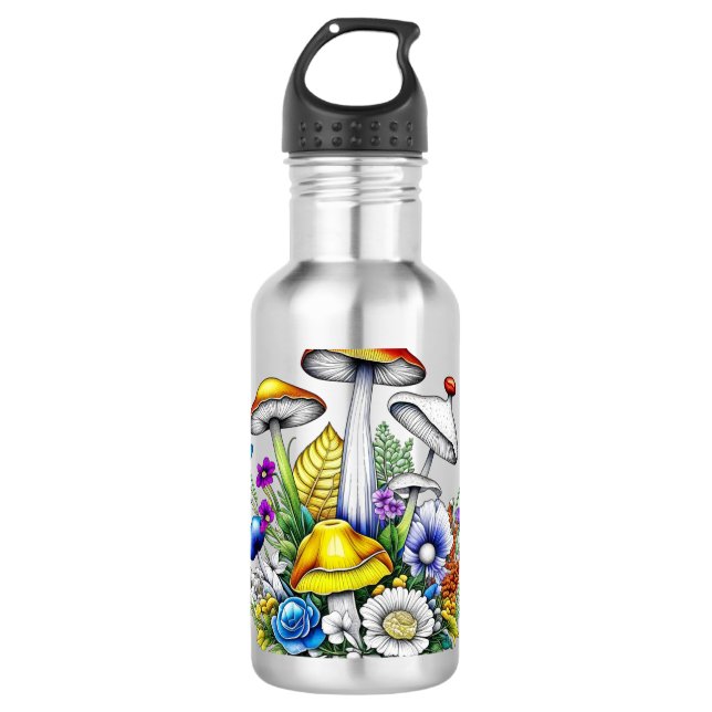 Whimsical Magic Mushrooms und Blume Edelstahlflasche (Vorderseite)