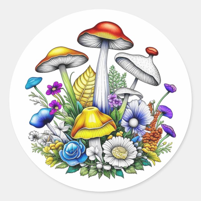 Whimsical Magic Mushrooms und Blume Runder Aufkleber (Vorderseite)