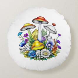 Whimsical Magic Mushrooms und Blume Rundes Kissen