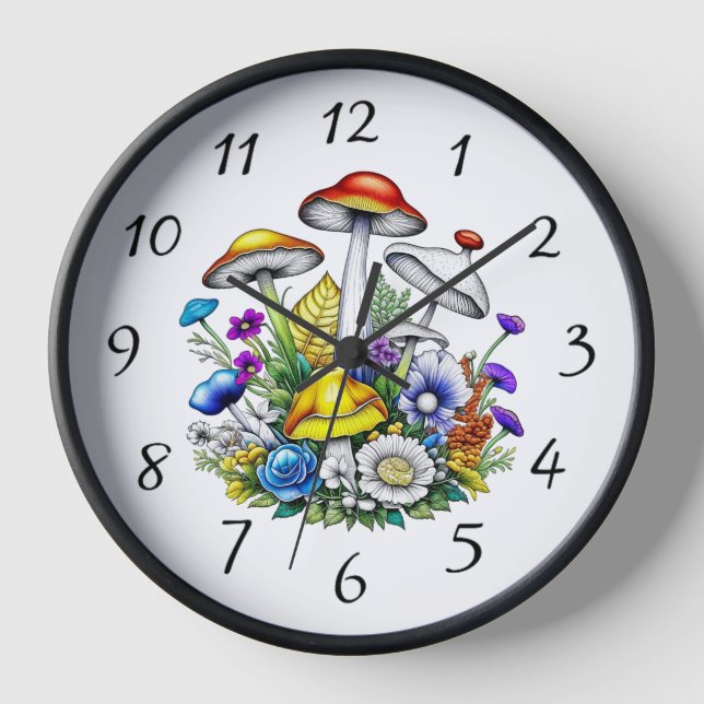 Whimsical Magic Mushrooms und Blume Uhr (Vorderseite)