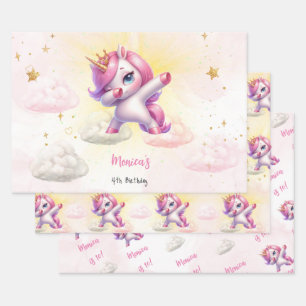 Whimsical magic pink dabbing unicorn Kindergeburts Geschenkpapier Set