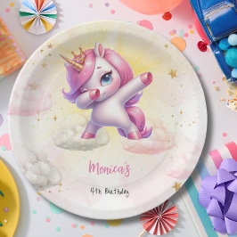 Whimsical magic pink dabbing unicorn Kindergeburts Pappteller