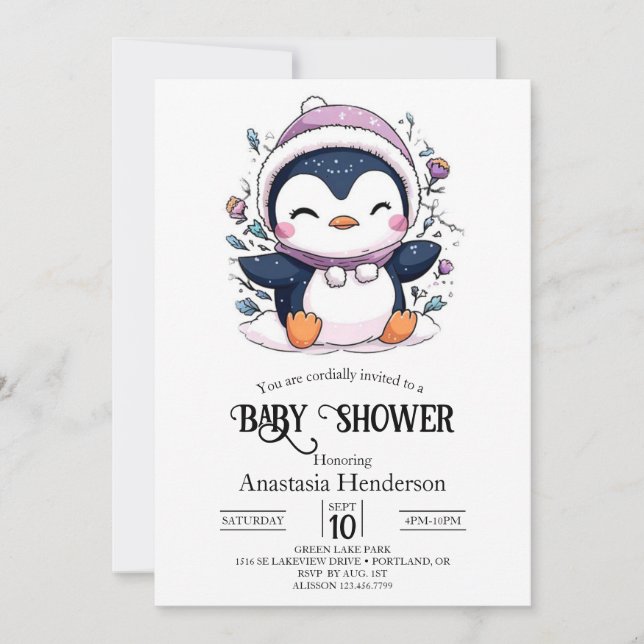 Whimsical Magical Pinguin Baby Dusche Einladung (Vorderseite)