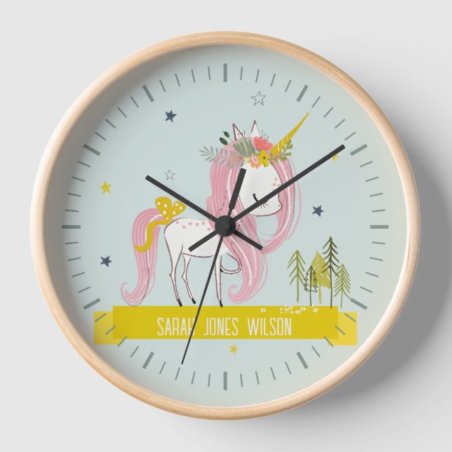 Whimsical Magical Unicorn Aqua Pink Aquamarin Prin Uhr (Vorderseite)