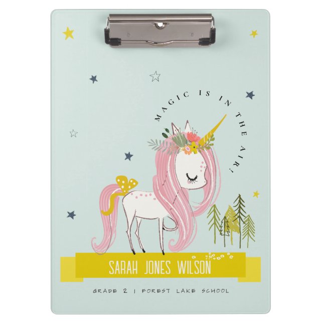 Whimsical Magical Unicorn Pink Aquamarin Aqua Prin Klemmbrett (Vorderseite)