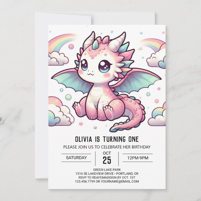 Whimsical Mairytale Dragon 1. Geburtstag Einladung (Vorderseite)