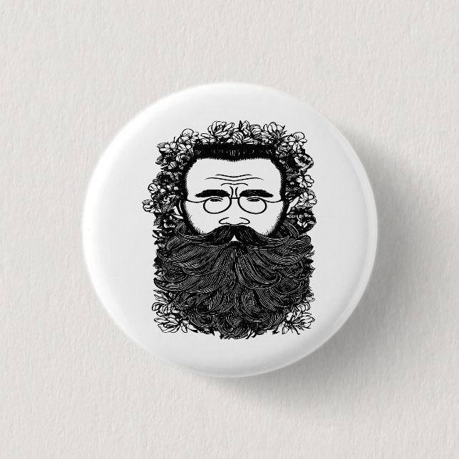 Whimsical Man Beard Mustache Blume Art Button (Vorderseite)