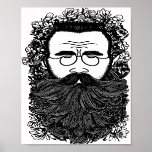 Whimsical Man Beard Mustache Blume Art Poster
