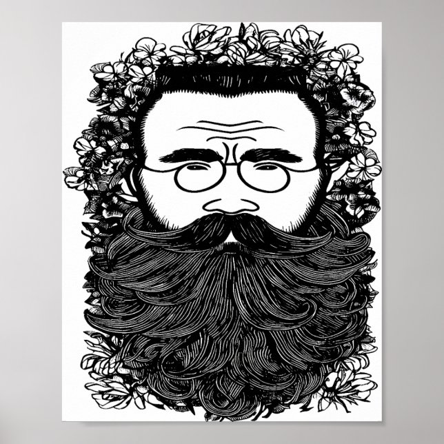 Whimsical Man Beard Mustache Blume Art Poster (Vorne)