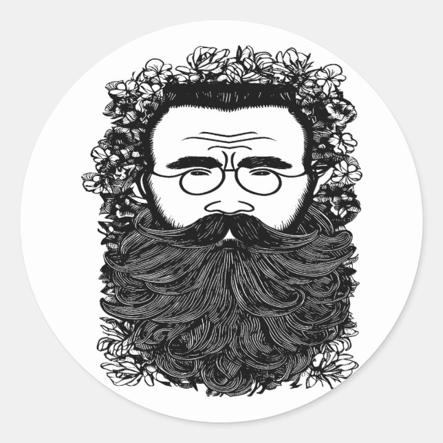 Whimsical Man Beard Mustache Blume Art Runder Aufkleber (Vorderseite)